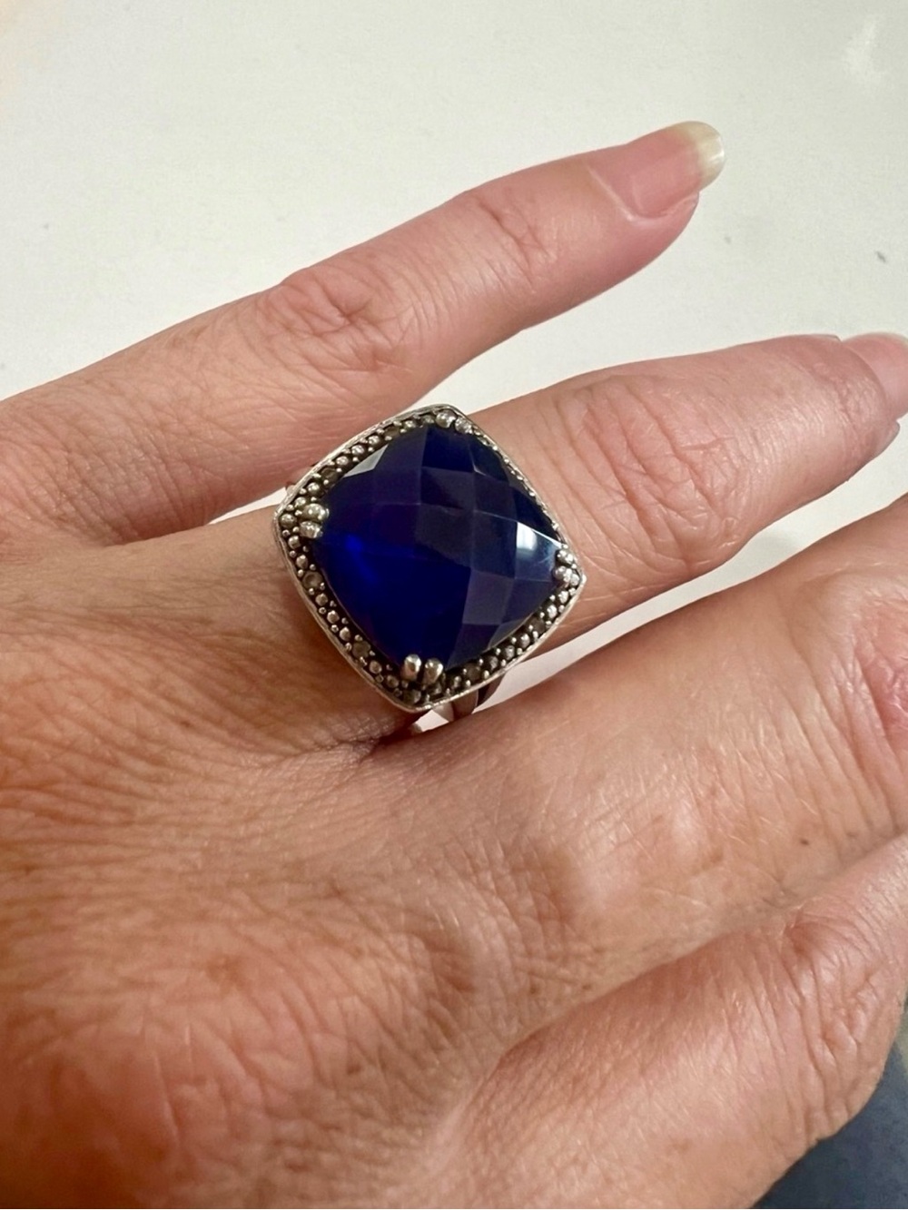 Vintage M Star 925 Sterling Silver Large Faceted Deep Blue Gemstone Ring SZ 4.7